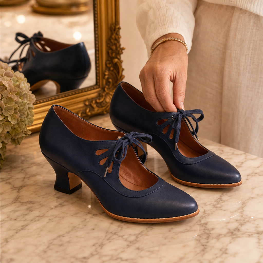 Lacevelle – Lace-Up Vintage Block Heel Pumps