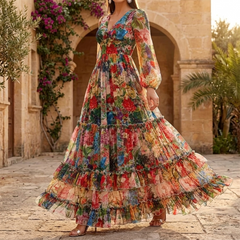 Floressa – Women's Tiered Floral Maxi Dress with Lantern Sleeves