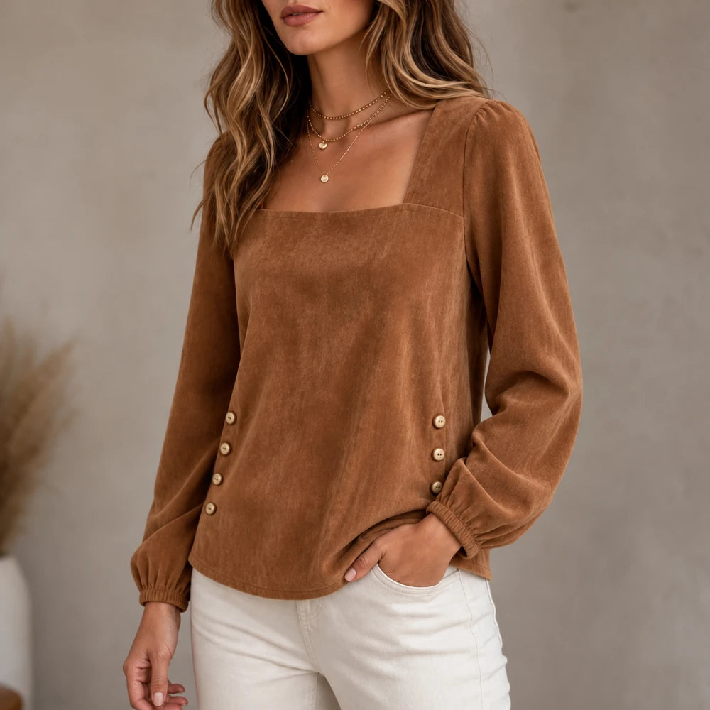 Elara – Square Neck Button-Accent Blouse