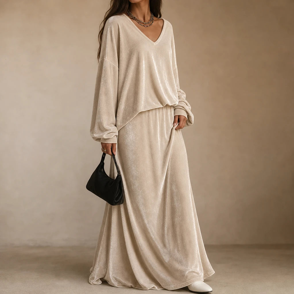 Veloura – Relaxed Velvet Top And Flared Maxi Skirt Set