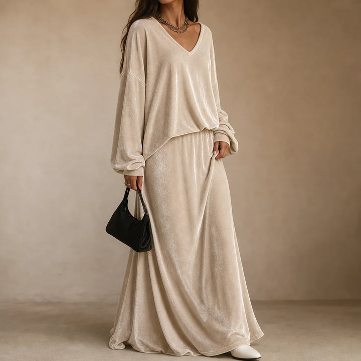 Veloura – Relaxed Velvet Top And Flared Maxi Skirt Set