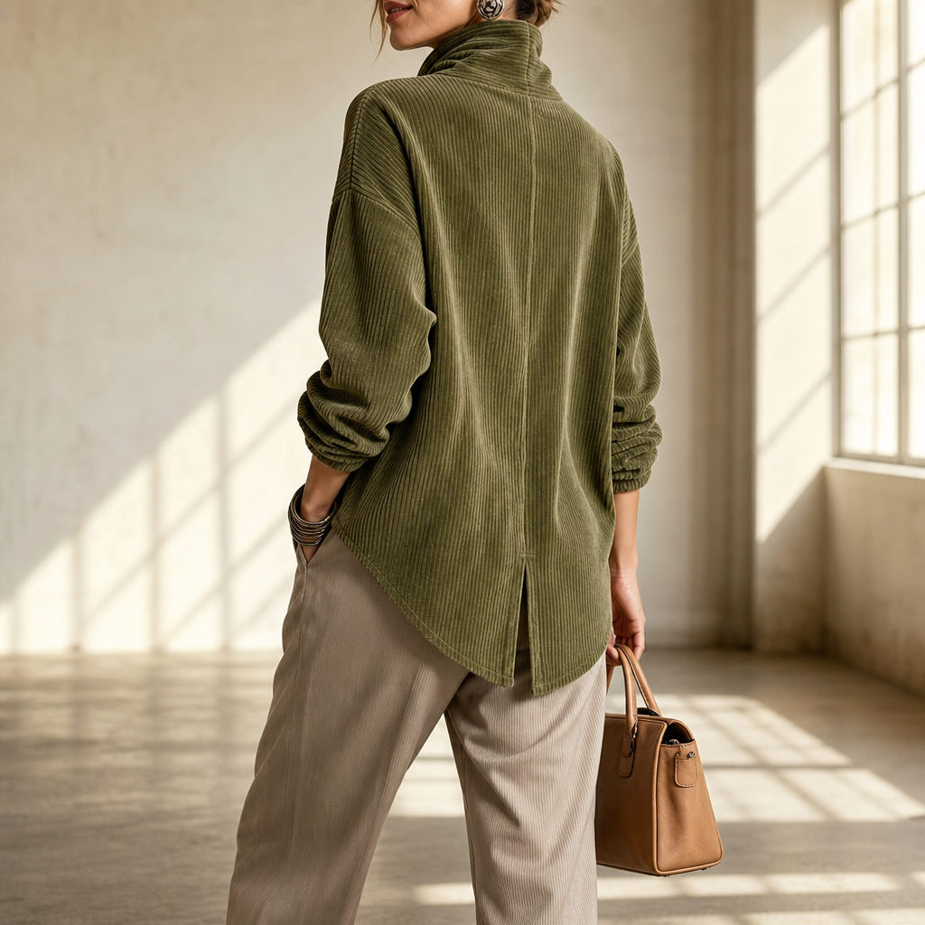 Foldover – Asymmetric Placket Funnel Neck Corduroy Top