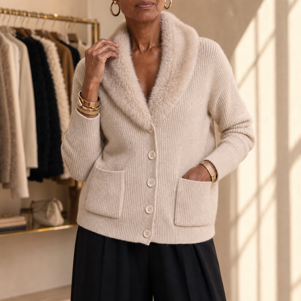 Shaguna – Shaggy Collar Ribbed Knit Cardigan