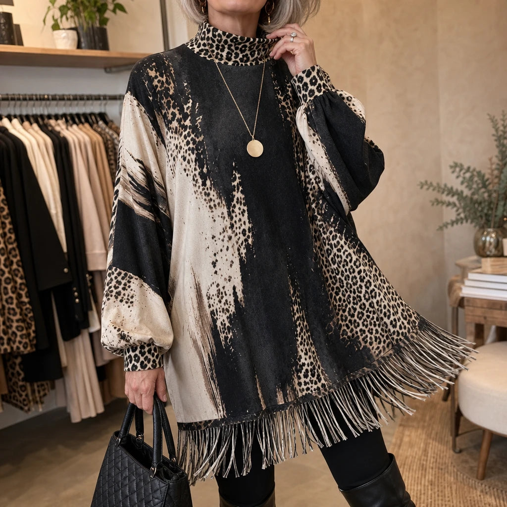Leopard Swing – Leopard Print Fringe Hem Sweater Dress