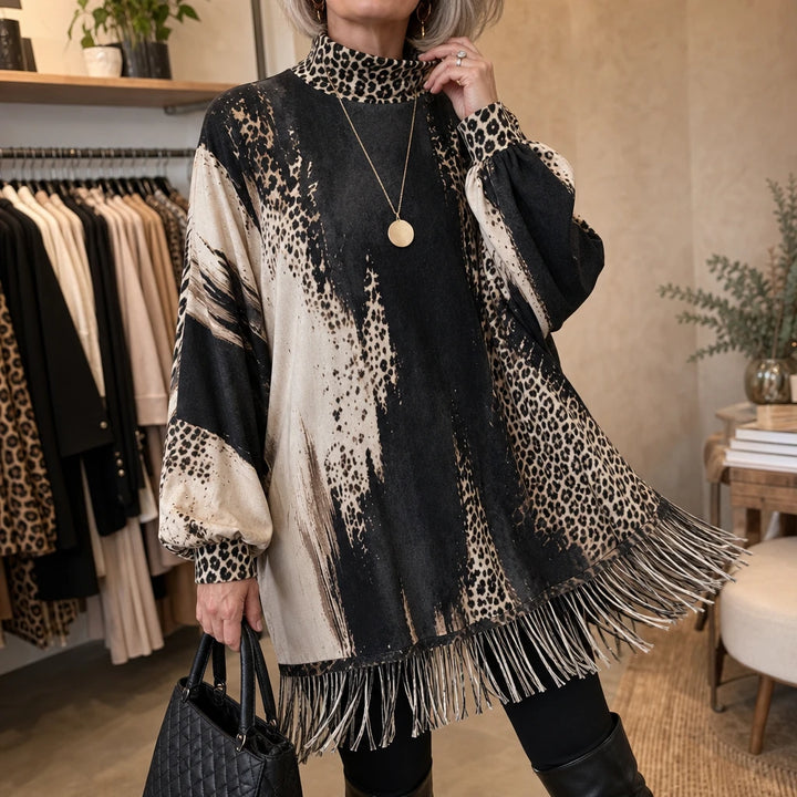 Leopard Swing – Leopard Print Fringe Hem Sweater Dress