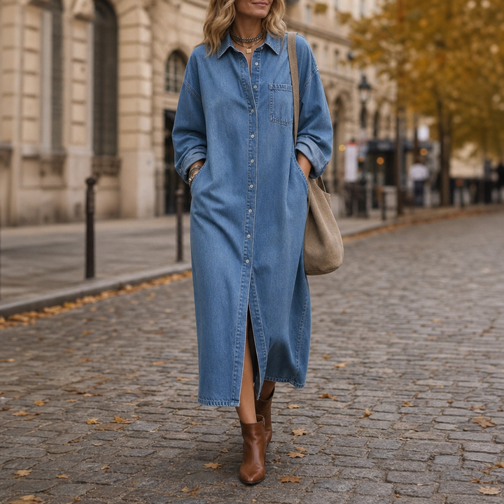 Wearlyn – Oversized Button-Front Denim Look Shirt Dress