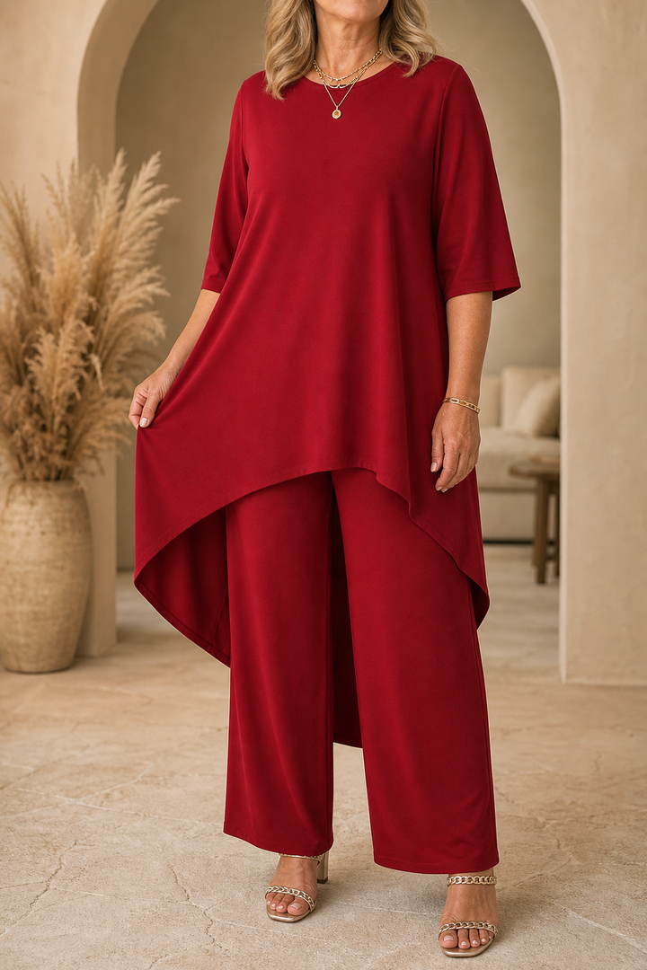 Lineve – Asymmetric Diagonal-Hem Top And Wide-Leg Pants Set