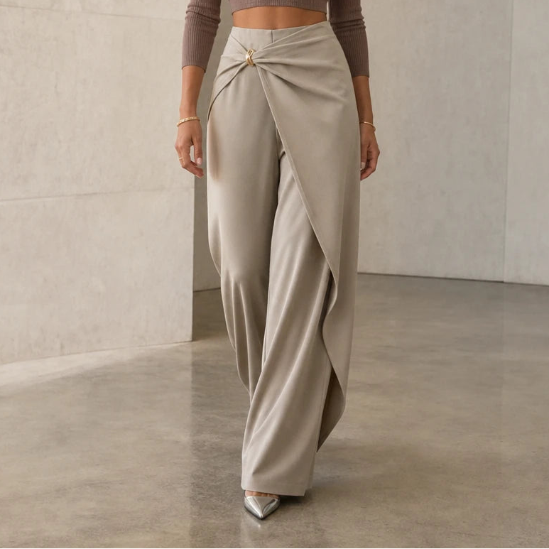 Veloura – Buckle Crossover Draped Wide-Leg Trousers
