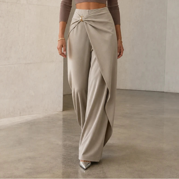 Veloura – Buckle Crossover Draped Wide-Leg Trousers