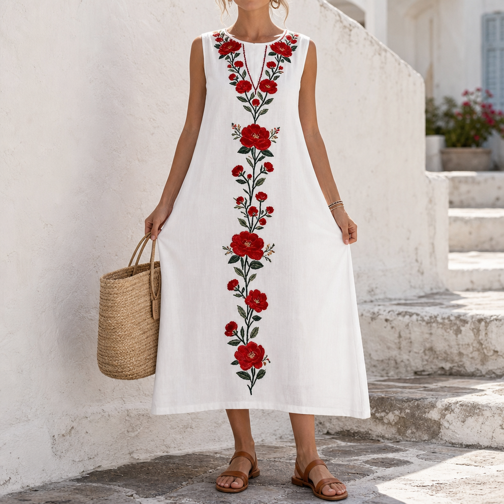 Lineluxe – Red Embroidered Sleeveless Maxi Dress