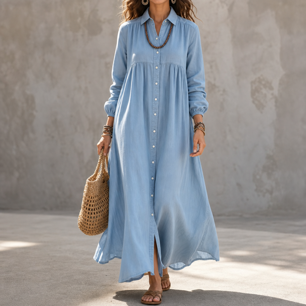 Linora – Button-Through Linen-Blend Maxi Shirt Dress