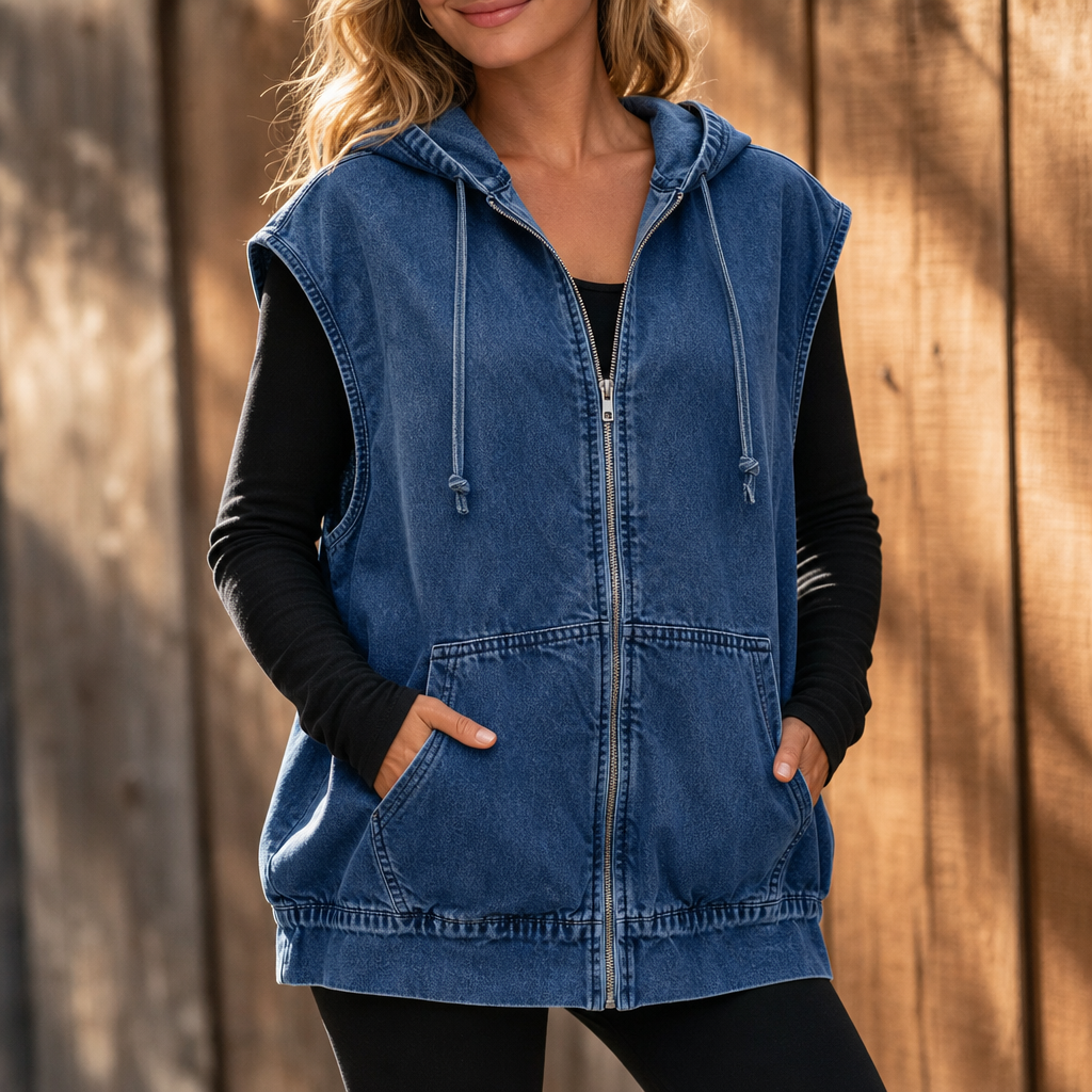 Wearbella – Oversized Hooded Denim-Look Vest