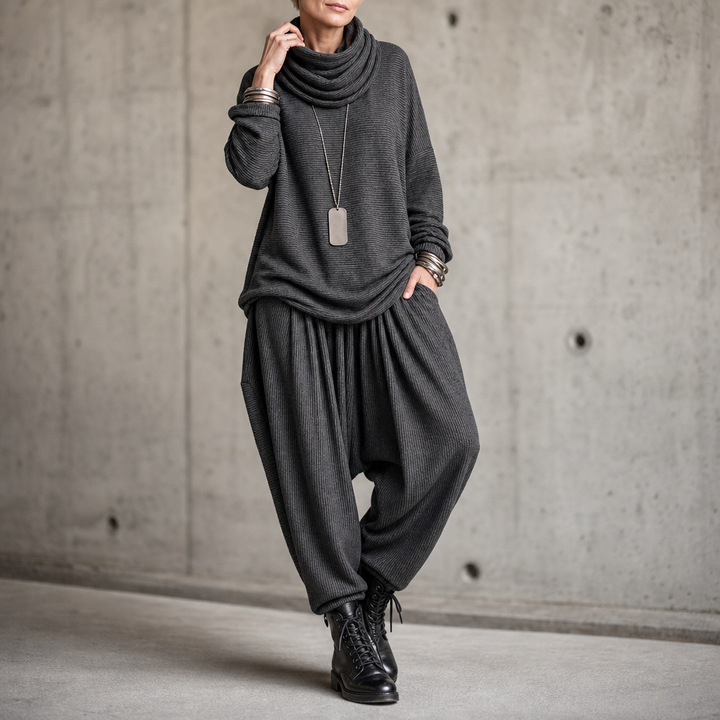 Pinstripe Poise – Draped High-Neck Top And Lantern Pants Set