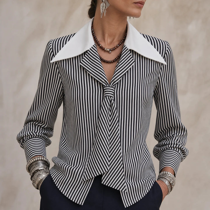 Overa – Black And White Striped Tie-Neck Blouse