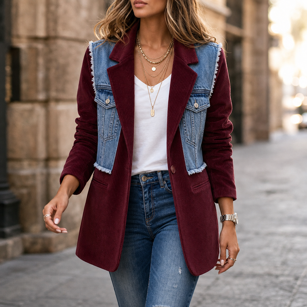 Corvella – Denim-Overlay Corduroy Raw-Hem Blazer