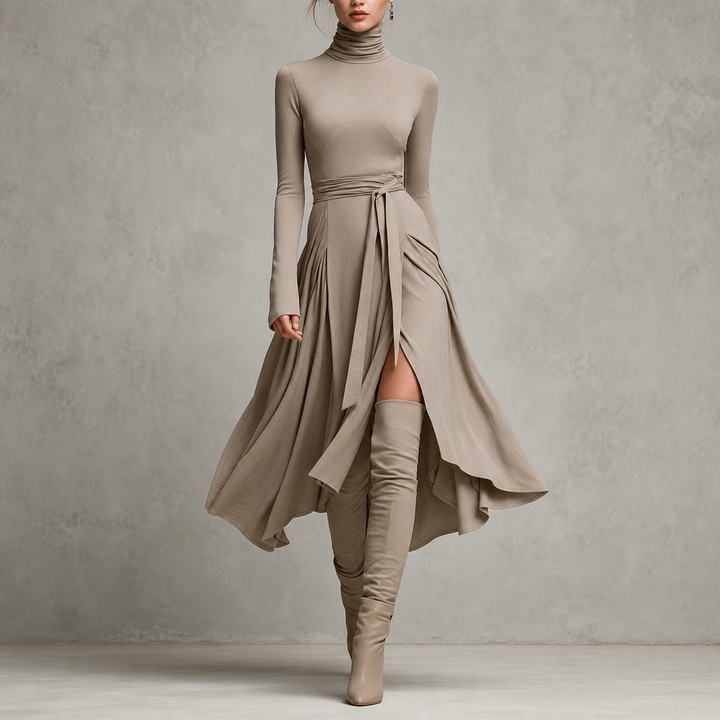 Wearbella – Turtleneck Ribbed Knit Slit Midi Dress