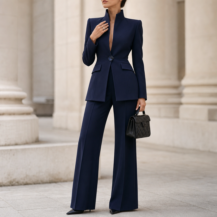Wearbella – Stand Collar Peplum Blazer And Flare Pant Set
