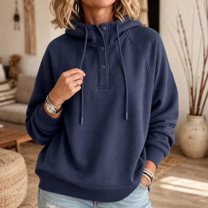 Placket & Poise – Three-Button Hooded Sweatshirt
