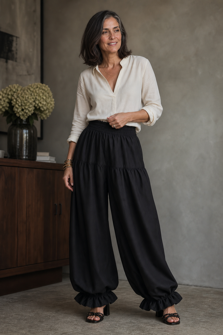 Wearbella – Smocked Waist Ruffled Hem Wide Leg Pants