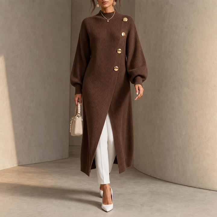 Wearbella – Gold-Tone Button Asymmetric Ribbed Knit Tunic
