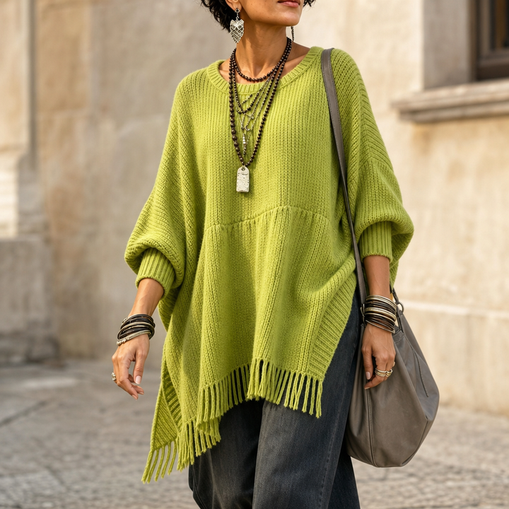 Limehaven – Textured Fringe Batwing Knit Poncho