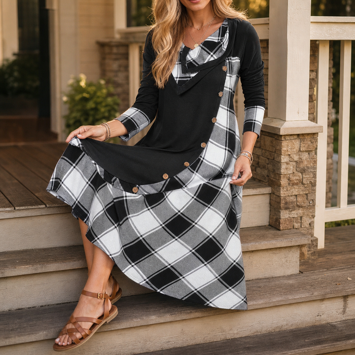 Wovelle – Plaid Patchwork Cowl Neck Midi Dress