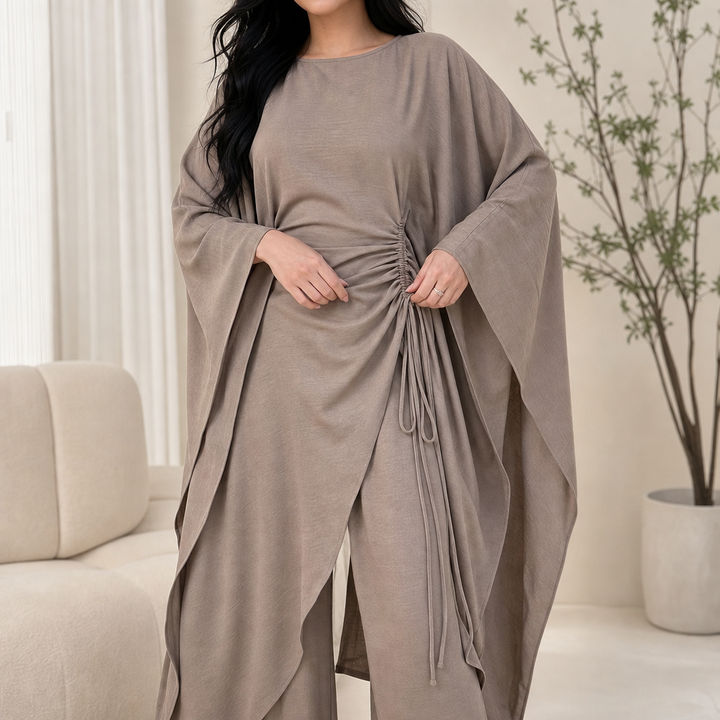 Cinchara – Ruched Waist Batwing Kaftan Two-Piece Set