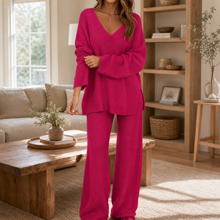 Vellora – V-Neck Knit Sweater And Wide-Leg Trouser Set