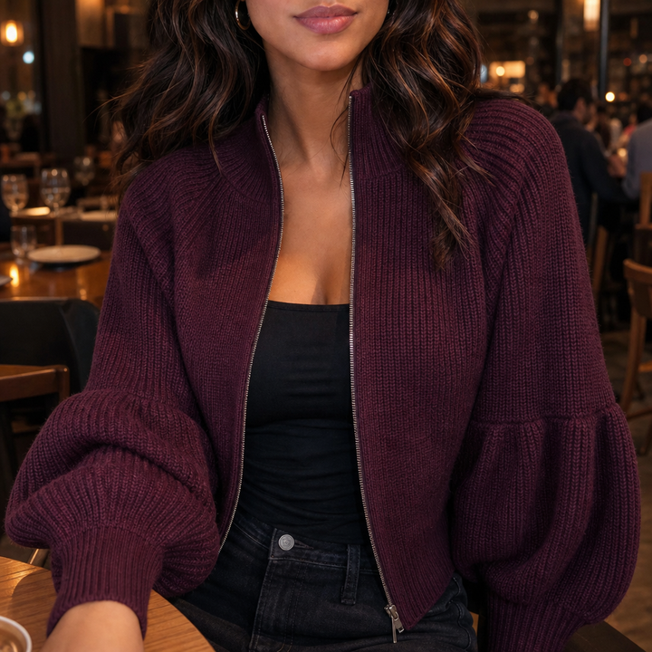 Lantera – Textured Lantern-Sleeve Zip-Up Knit Cardigan