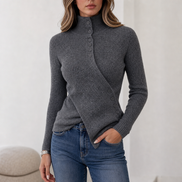 Sylera – Asymmetric Wrap Front Diagonal Button Knit Top