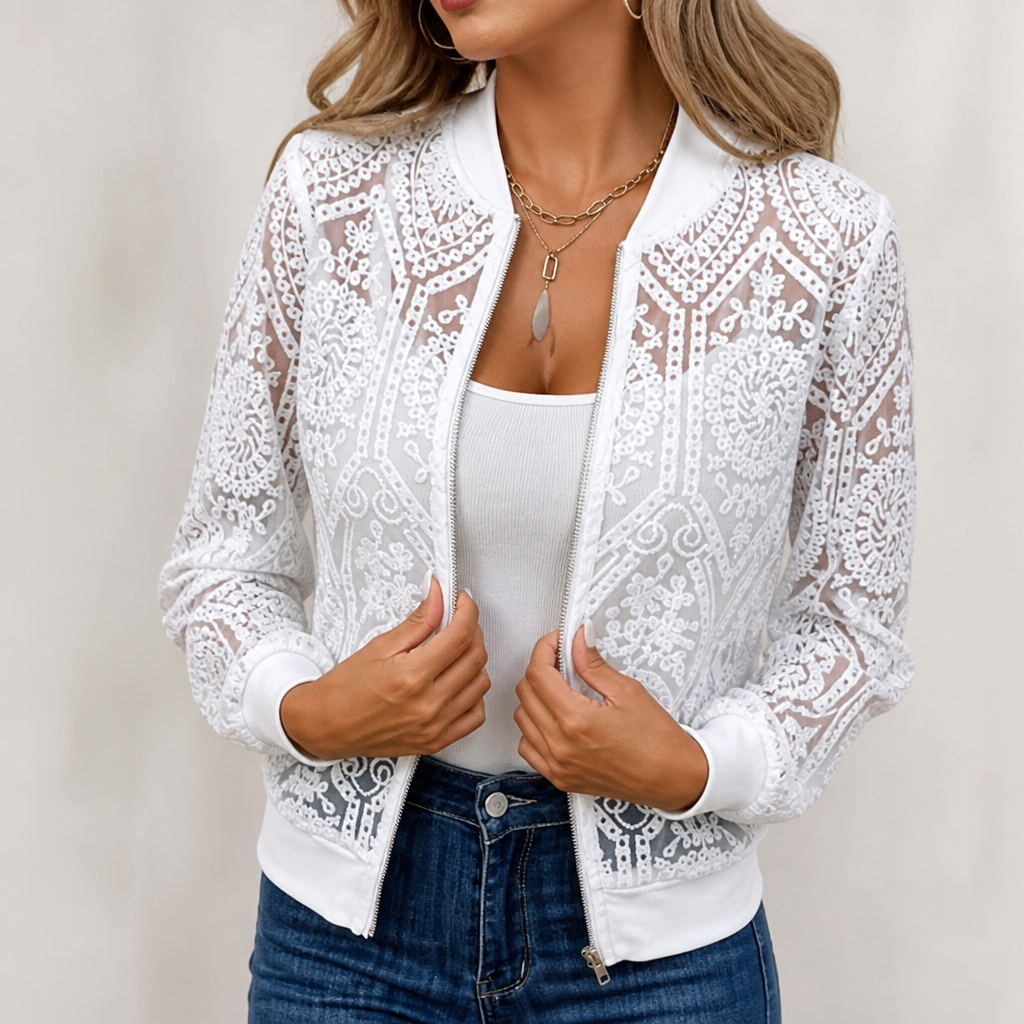 Laceleigh – Sheer Floral Lace Bomber Jacket
