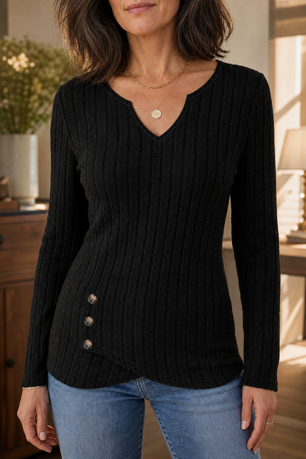 Tuckless – Asymmetrical Hem V-Neck Ribbed Knit Top