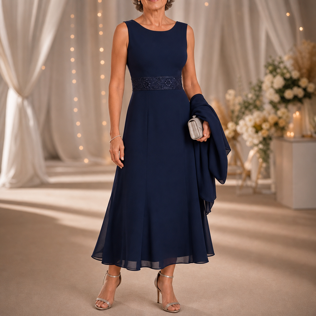 Elowen – Sleeveless Beaded-Waist Chiffon Dress With Jacket