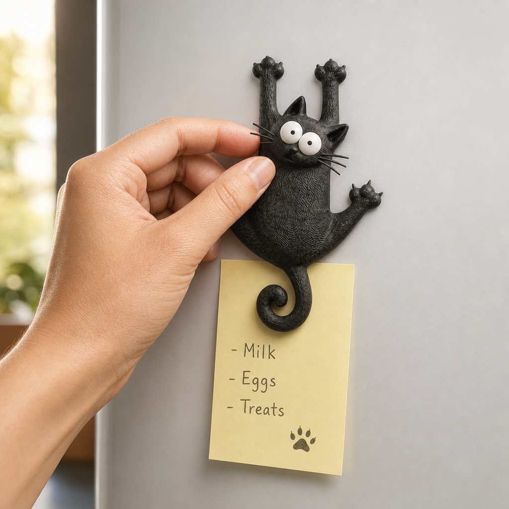 Fridge Pouncer – Hanging Black Cat Refrigerator Magnet