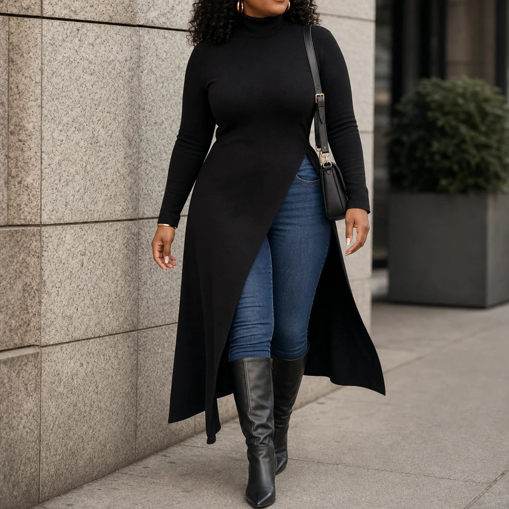 Wearbella – Asymmetric Hem Turtleneck Maxi Tunic