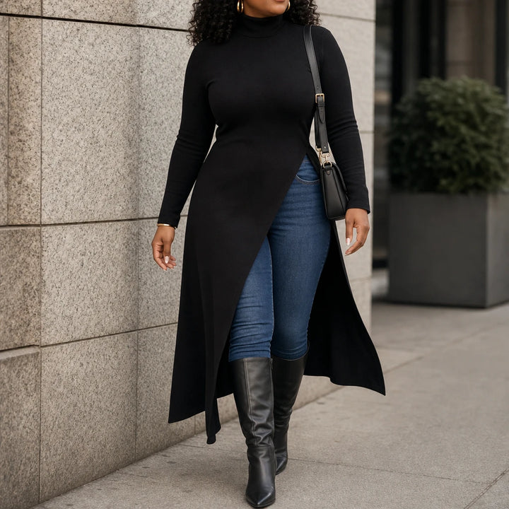 Wearbella – Asymmetric Hem Turtleneck Maxi Tunic
