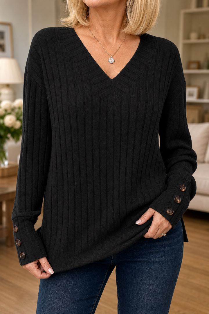 Mavenly – Ribbed V-Neck Button-Cuff Sweater