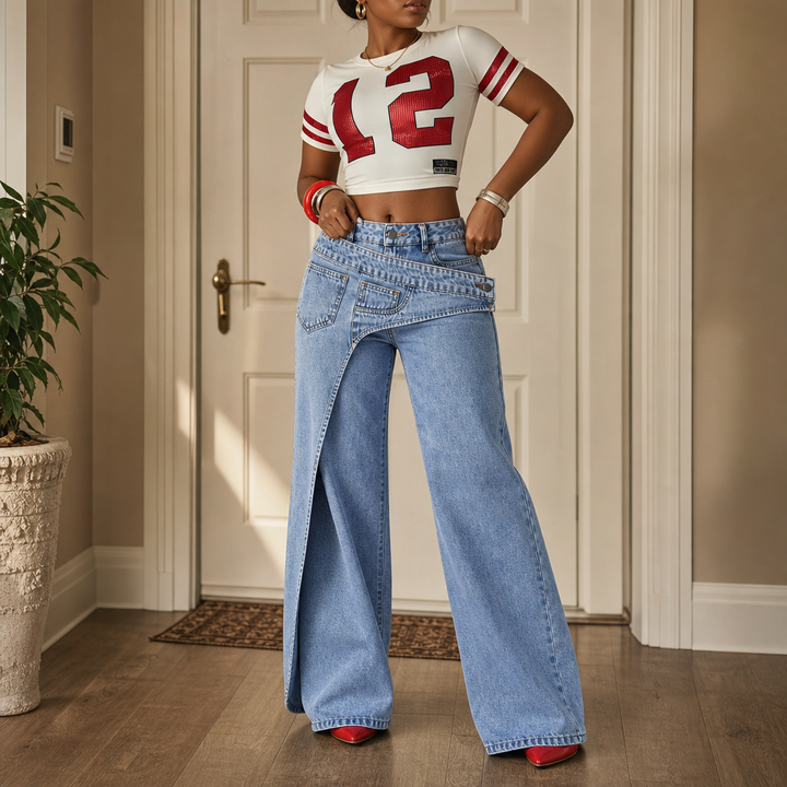 Overlaya – Asymmetric Overlap Waist Wide-Leg Jeans
