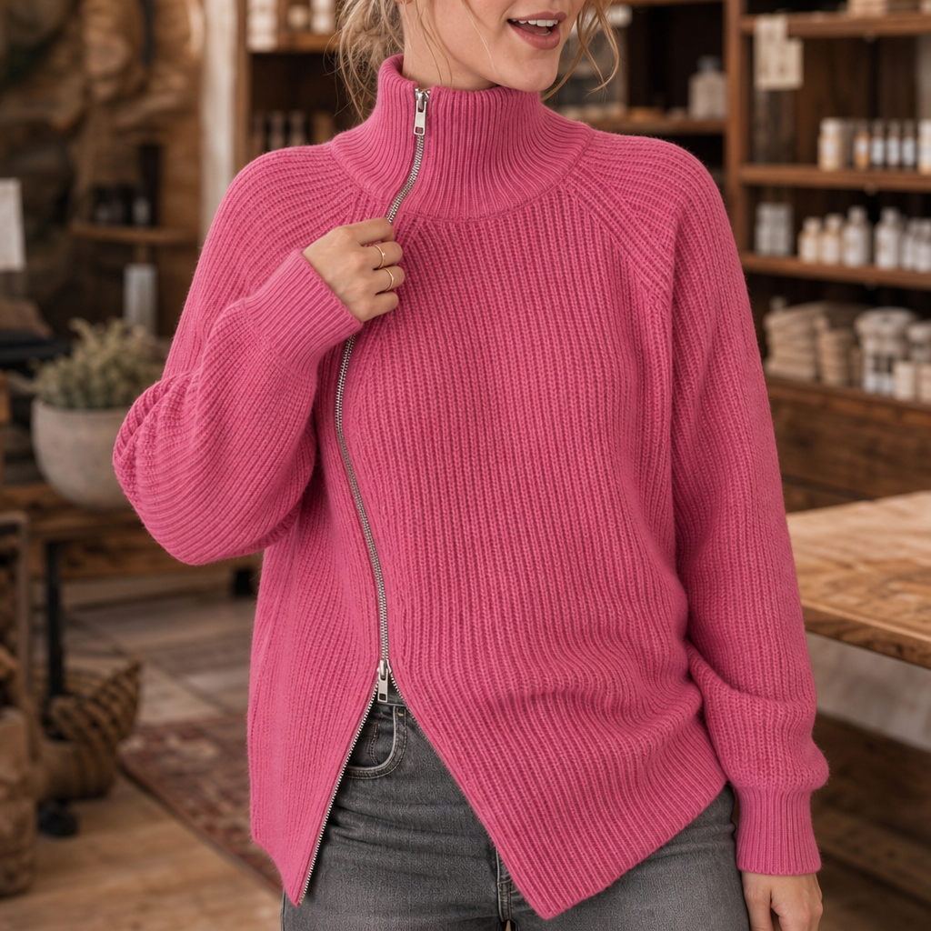 Wearbella – Asymmetric Zip Ribbed Knit Sweater