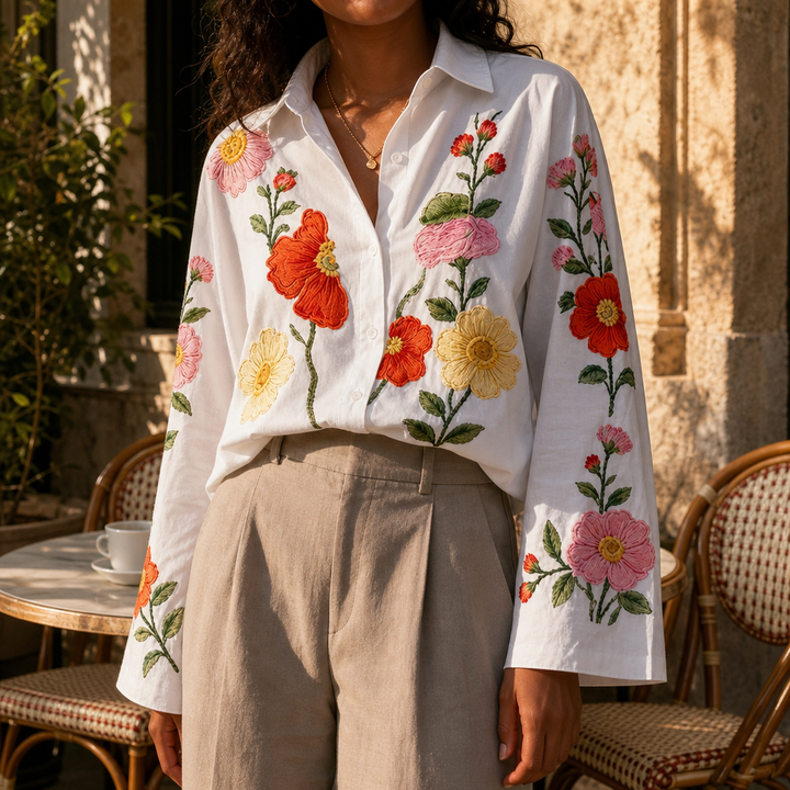 Lunabloom – Floral Embroidered Lapel-Collar Blouse