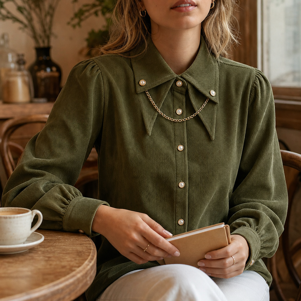 Corduvia – Studded Collar Corduroy-Look Shirt With Detachable Chain