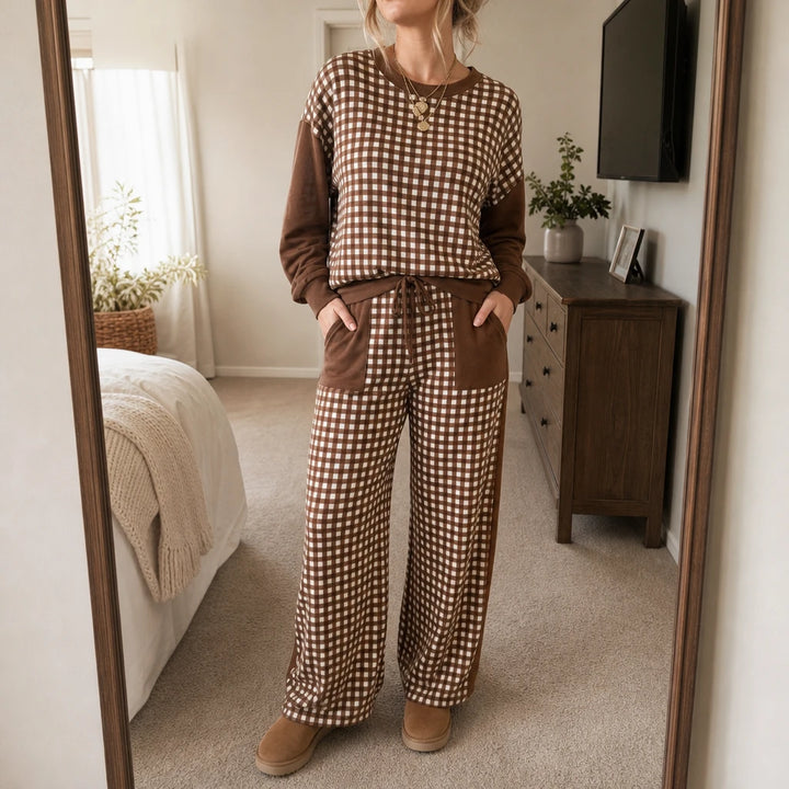 Gingham Ease – Gingham Long-Sleeve Top And Wide-Leg Pants Set
