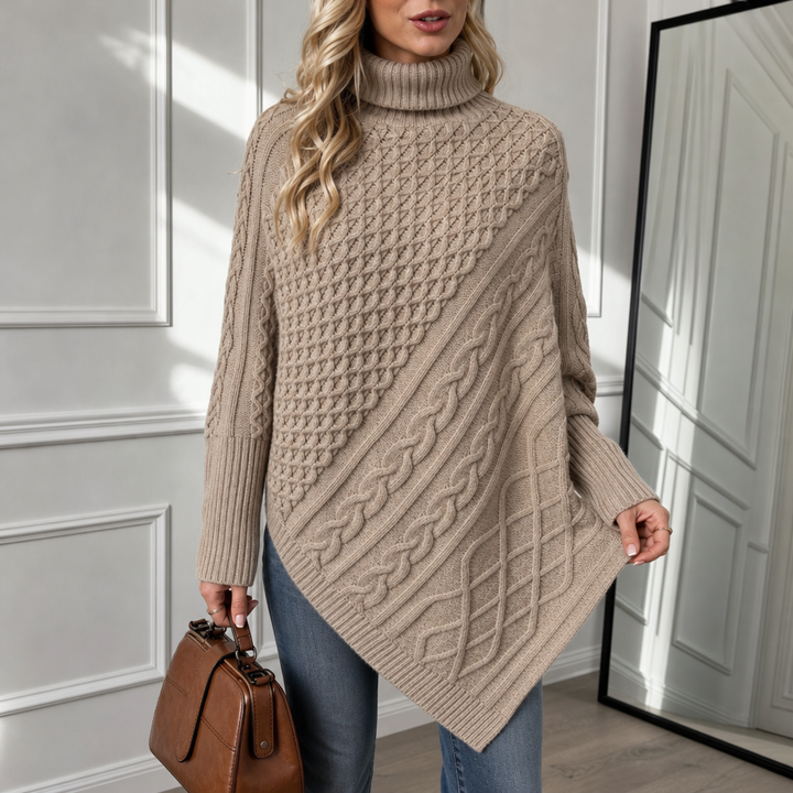 Cablelle – Asymmetric Cable-Knit Turtleneck Poncho