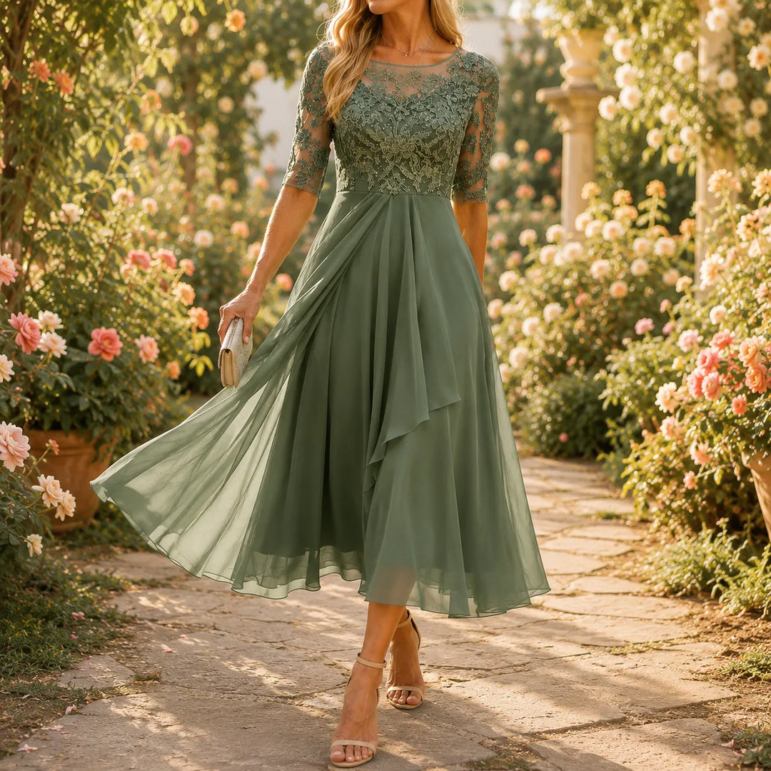 Elarose – Embroidered Lace Bodice Midi Dress for Weddings