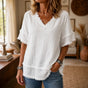 Lorelei – Boho Frayed-Trim V-Neck Tee for Women, Loose Tummy-Hiding Fit