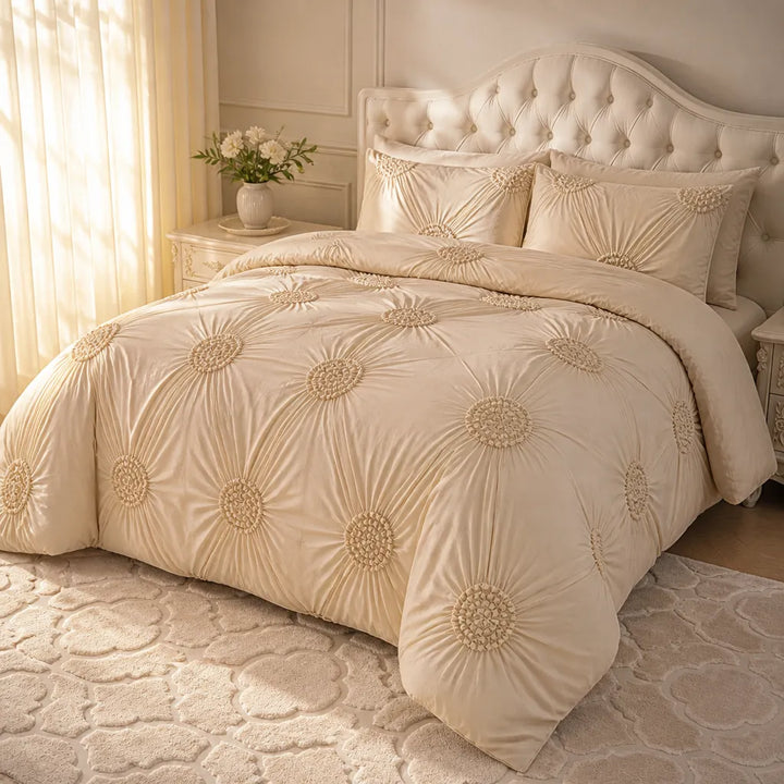 Lunavia – Ivory Tufted Rosette Comforter Cover Set with Shams