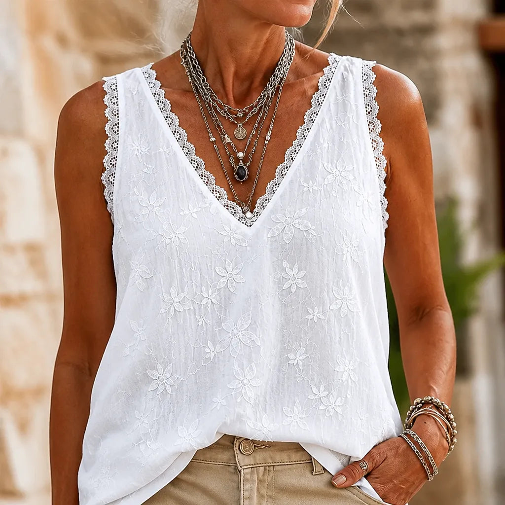 Solayne – White Lace V Neck Embroidered Look Tank Top for Women
