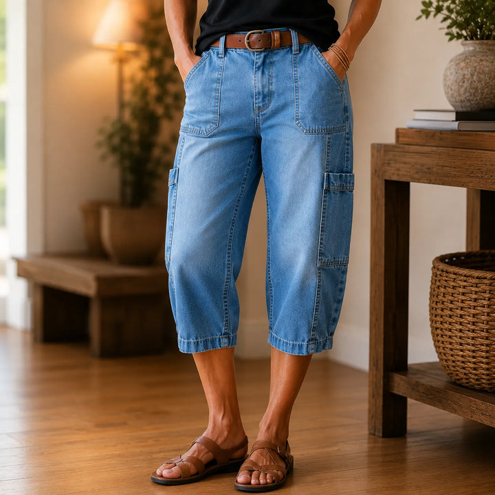 Mayfield – Cropped Barrel Denim look Capris with Cargo Pockets, Stretch Fit