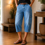 Mayfield – Cropped Barrel Denim look Capris with Cargo Pockets, Stretch Fit