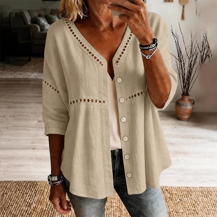 Loralee – Women's Lace Look-Trim Button-Up Blouse with Soft V-Neck Drape